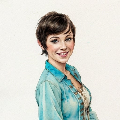 Prompt: watercolor and pen sketch of a beautiful young woman in western wear and turquoise clothing. She has dark hair, a pixie cut, and hazel eyes. She smiles mischievously. 