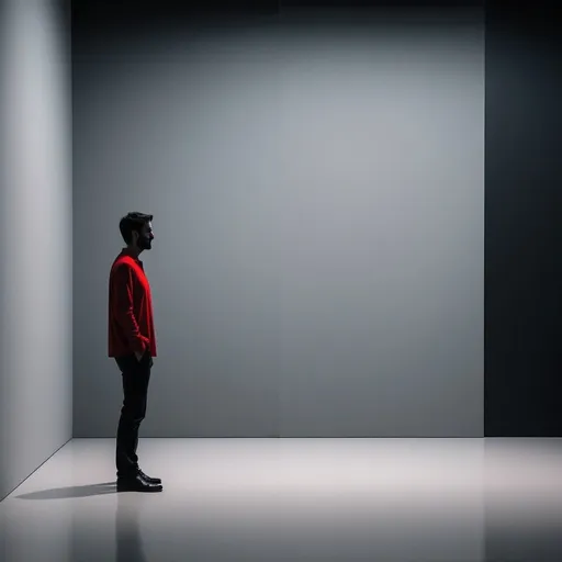 Prompt: Minimalist man standing in an art gallery, gradient background, dark walls, square, silhouette,straight lines, flat, sinister, red and black