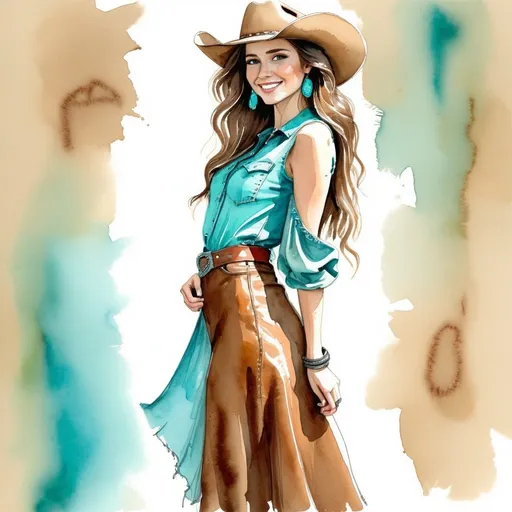 Prompt: watercolor and pen sketch of a beautiful young woman in western wear and turquoise clothing. She has long hair and hazel eyes. She wears a fashionable cowboy hat and a long long leather dress. she has a small smile.
