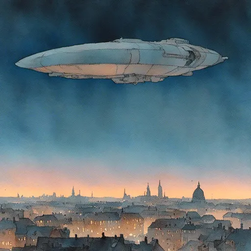 Prompt: <mymodel>a mysterious spaceship appears in the sky above a European city at night