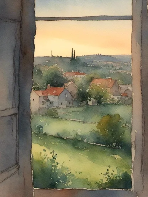 Prompt: <mymodel>An evening in the country as seen from the window of a small cottage.