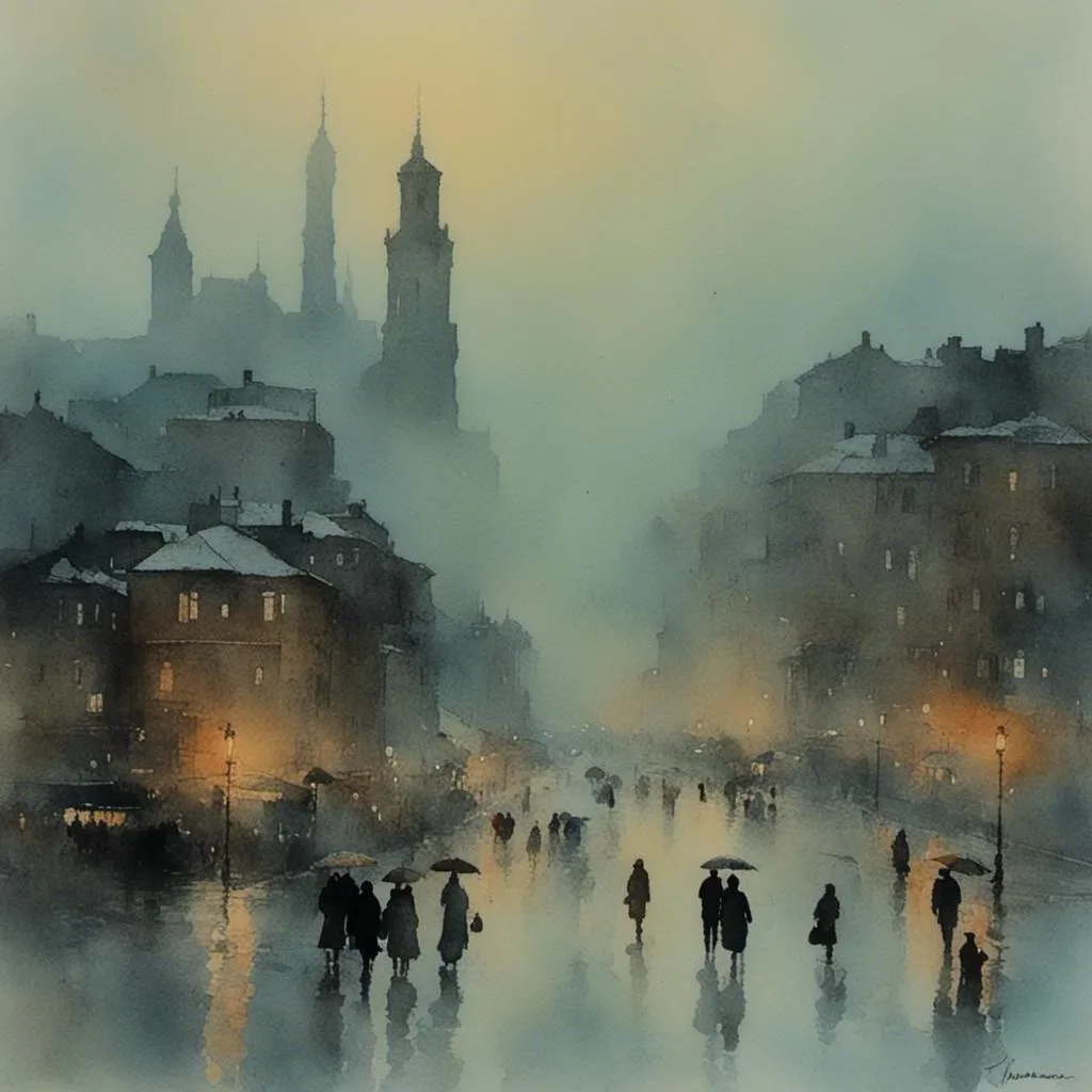 Prompt: <mymodel> a city in the mist at night in winter.