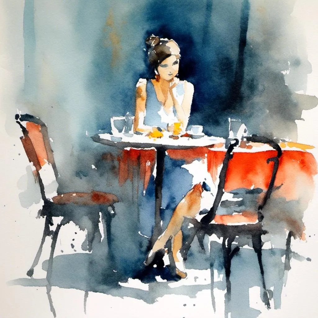 Prompt: <mymodel>a loose watercolor sketch of a beautiful woman seated a table at a cafe in Paris