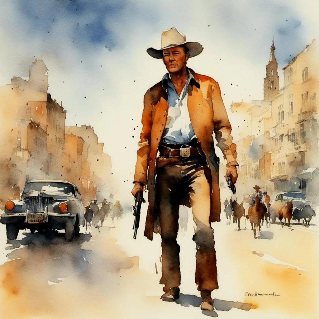 Prompt: <mymodel>John Wayne as a cowboy standing in the street with guns blazing. parody. excessive.