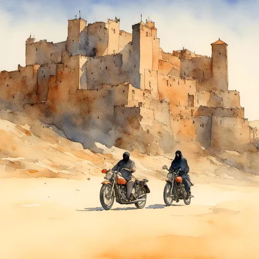 Prompt: <mymodel>a solitary mysterious man wearing a helmet and face mask rides a motorcycle in a desert past a walled fortress