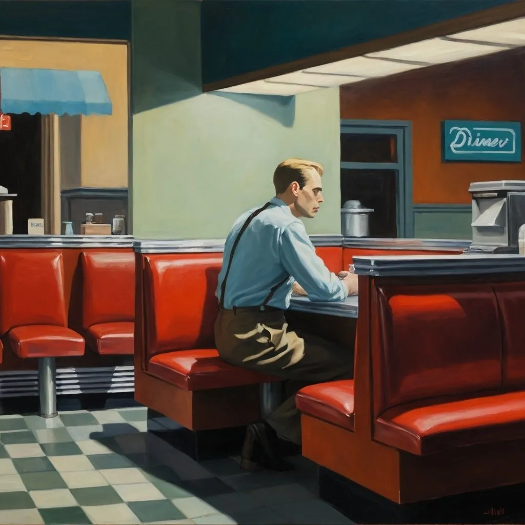 Prompt: In the style of Edward Hopper, a painting of a man seated at the counter of an otherwise empty diner.