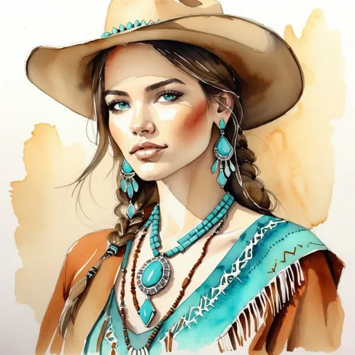 Prompt: watercolor and pen sketch of a beautiful young woman dressed in southwestern style and turquoise jewelry.