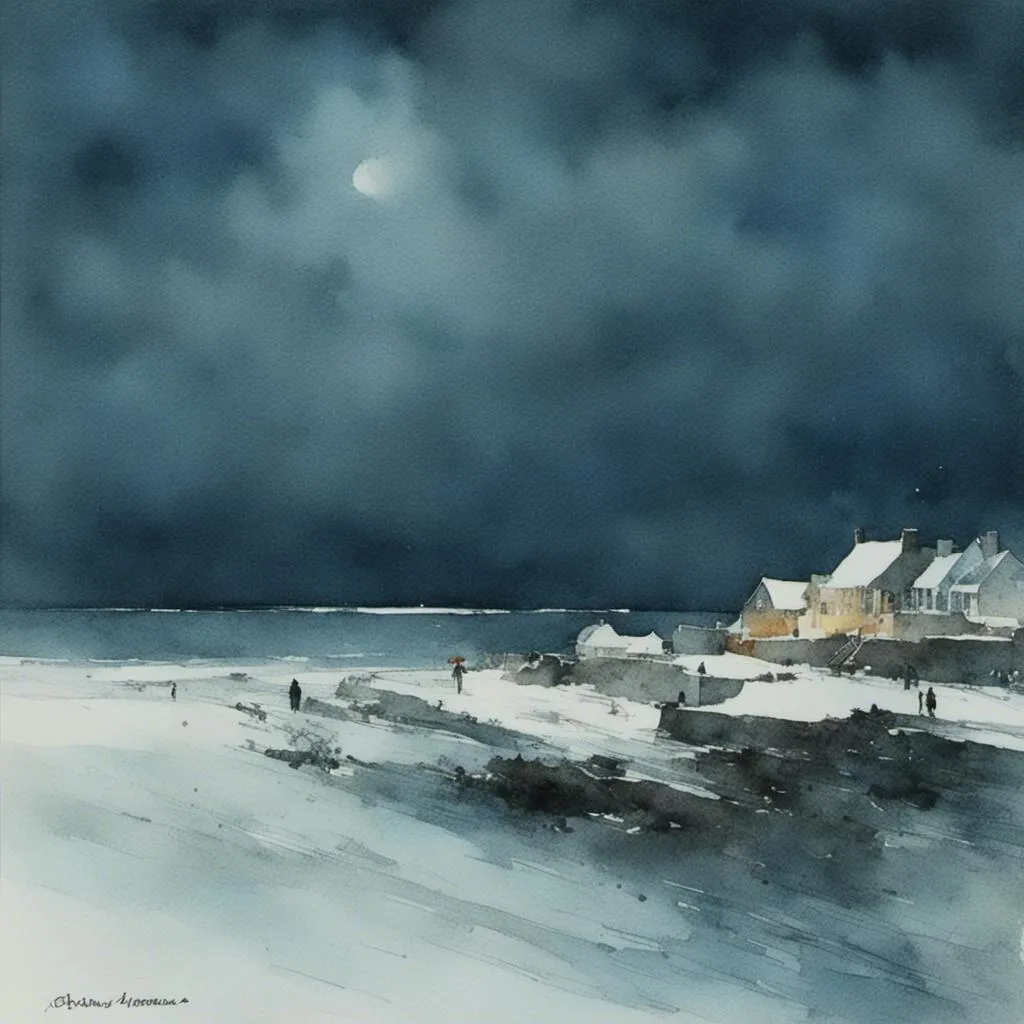 Prompt: <mymodel> a small New England coastal town at night in a storm in winter.