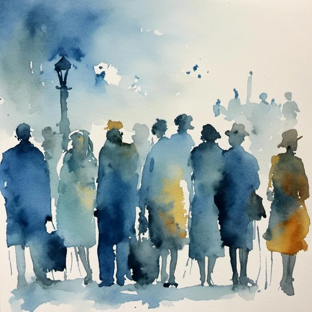 Prompt: <mymodel>people lining up to vote. Blue watercolor