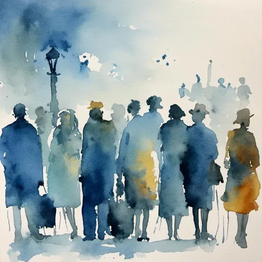 Prompt: <mymodel>people lining up to vote. Blue watercolor