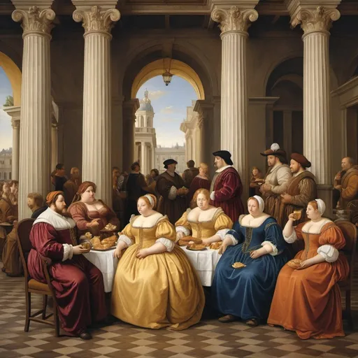Prompt:     "A Renaissance-style painting depicting modern obese people "
    "in traditional Renaissance attire. The background is an opulent palace "
    "with columns and draperies. Elements of modern life such as fast food, "
    "electronic devices, and sedentary activities are subtly incorporated. "
    "Warm, natural colors typical of Renaissance paintings are used. The scene "
    "is dramatic, with light and shadow adding depth. The painting invites reflection "
    "on contemporary lifestyle and health."
