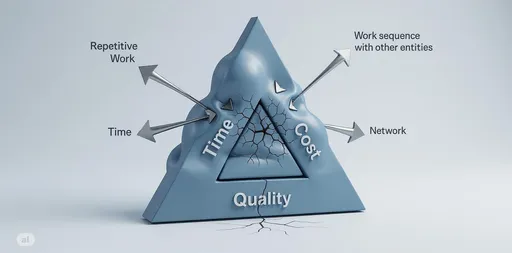 Prompt: A clean, professional 3D rendering of the project management triangle, set against a soft, light-blue, neutral background. The lighting is bright and even, like in a modern corporate office, creating a polished and serious tone. The color palette is restricted to cool blue, metallic silvers, and shades of grey.
The Triangle:
 * The triangle itself is a solid, 3D static object with a smooth, matte finish. It's positioned centrally in the frame.
 * Labels: The words "Time", "Cost", and "Quality" are clearly and professionally labeled in a modern, sakkal majalla font. "Time" is on the left face, "Cost" is on the right face, and "Quality" forms the bottom face.
 * Visual Impact (The Core Effect):
   * The "Time" and "Cost" sides of the triangle are visibly and significantly bulging only on the outer side, outwards along with four arrows pulling outwards. 
   * In the very center of the triangle, where the three constraints meet, a network of fine cracks spreads outwards, indicating that the entire project structure is under stress and at risk of failure.

 * Four sleek, stylish silver one sided, the arrows marking outside, pull outside the bulgy part of cost and time. The arrows are smaller and more stylized, looking sharp and modern.
 * The arrows are clearly labeled: "Repetitive Work," "Abortive Works," Work sequence alinging with other entities and "Damages to existing network."
 * These arrows are the source of the pressure, physically causing the bulging and cracking, creating a clear cause-and-effect narrative within the image.