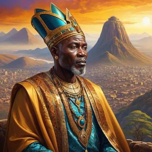 Prompt: Old African king overlooking shiny ancient city, fantasy style, mountain peak, traditional attire with intricate patterns, regal demeanor, radiant gold and vibrant earthy tones, majestic view, detailed landscape, high quality, fantasy, ancient Africa, regal attire, mountain peak, radiant colors, majestic view, detailed landscape, traditional, fantasy style, grandeur, vibrant tones