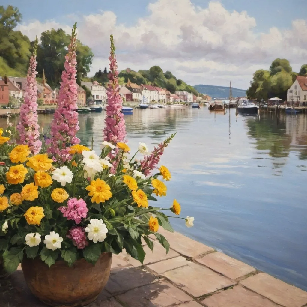 Prompt: flowers by the waterside