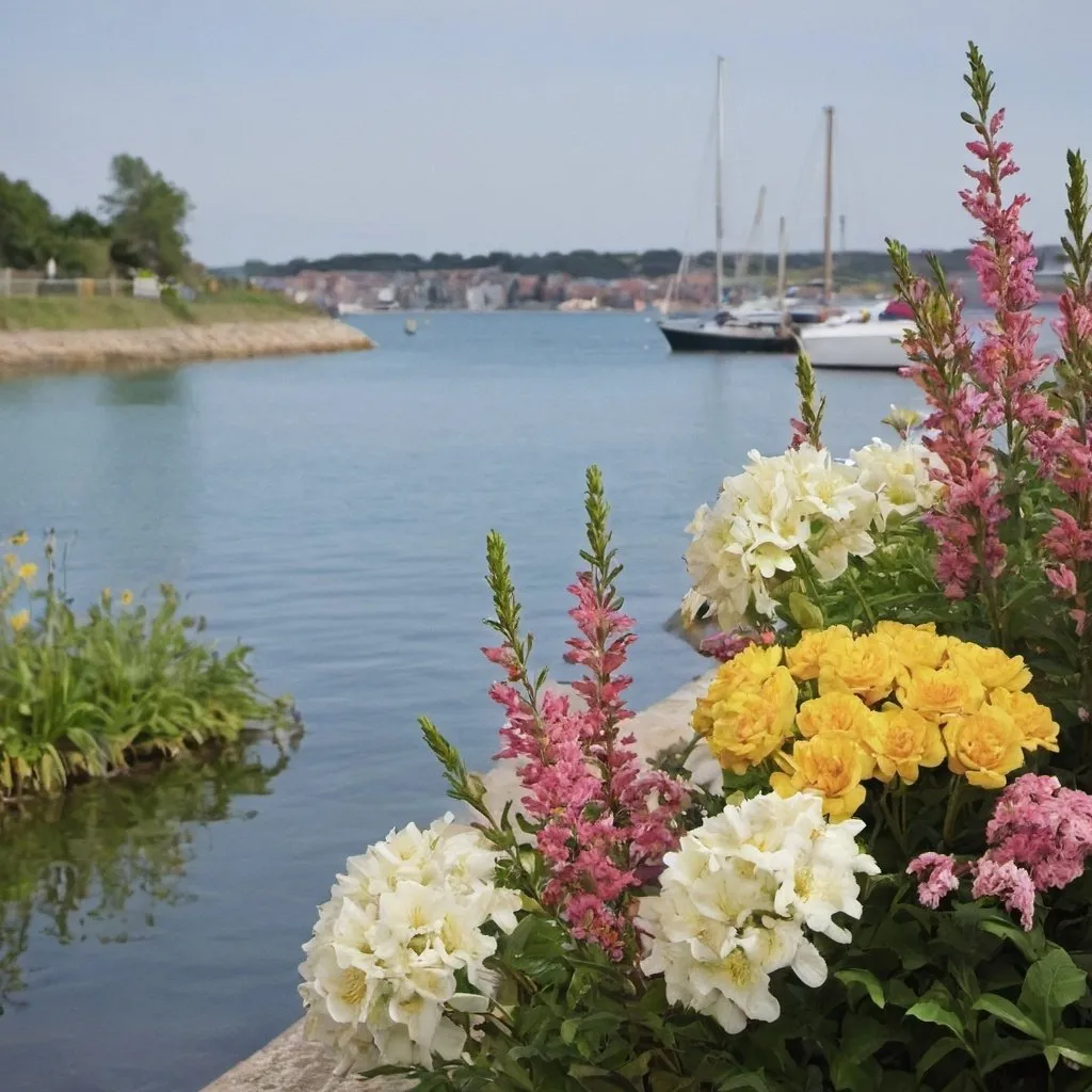 Prompt: flowers by the waterside