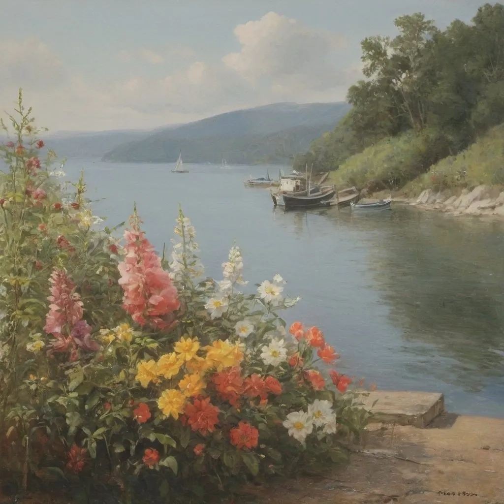 Prompt: flowers by the waterside