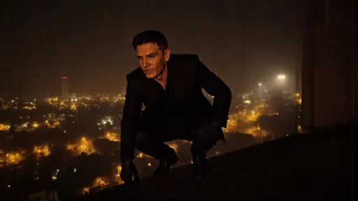 Prompt: A frowning serious looking businessman who's dressed fully in black with matte black leather gloves, black tie, black shirt, black is crouching on a slated victorian church rooftop above a golden lit city at night, his face is heavily in shadow, RAW photo, (high detailed skin:1.2), 8k uhd, dslr, soft lighting, high quality, film grain, Fujifilm XT3, photorealistic image