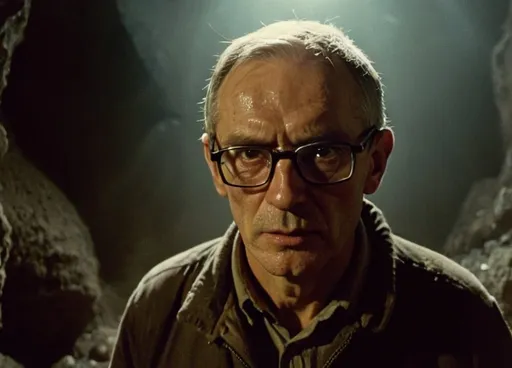 Prompt: Stalker (1979), a medium close up of a soviet scientist in his 60's in glasses with a scornful look, whose face looks like a skull, among male miners in a dark mine, dim lights, horror film, film grain