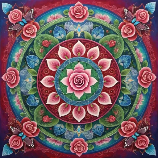 Prompt: A spiritual mandala representing harmony, inner peace, unconditional love, healing  and balance with sacred symbols. Rose red, blue, green, hearts, butterflies