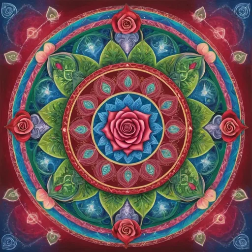 Prompt: A spiritual mandala representing harmony, inner peace, unconditional love, healing  and balance with sacred symbols. Rose red, blue, green, hearts, butterflies