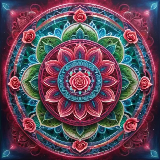 Prompt: (Spiritual mandala), intricate patterns, representing (transformation), (unconditional love), and (healing), vibrant rose red, soothing blue, refreshing green, captivating details, symmetrical design, ethereal glow, mystical ambiance, highly detailed, depth, enchanting balance, harmonious energy, spiritual symbolism, luminous aura, calming atmosphere, inviting tranquility, high quality, ultra-detailed, stunning visual artistry.