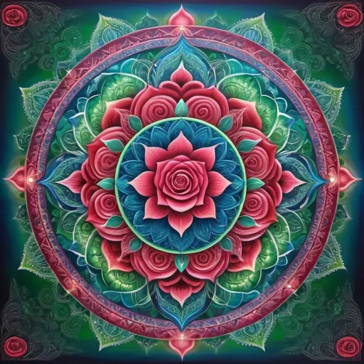 Prompt: (Spiritual mandala), intricate patterns, representing (transformation), (unconditional love), and (healing), vibrant rose red, soothing blue, refreshing green, captivating details, symmetrical design, ethereal glow, mystical ambiance, highly detailed, depth, enchanting balance, harmonious energy, spiritual symbolism, luminous aura, calming atmosphere, inviting tranquility, high quality, ultra-detailed, stunning visual artistry.