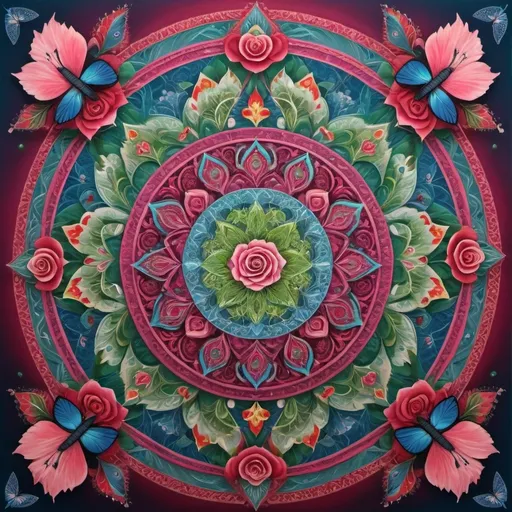 Prompt: A spiritual mandala representing harmony and balance with sacred symbols. Rose red, blue, green, hearts, butterflies