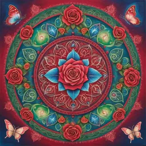 Prompt: A spiritual mandala representing harmony and balance with sacred symbols. Rose red, blue, green, hearts, butterflies