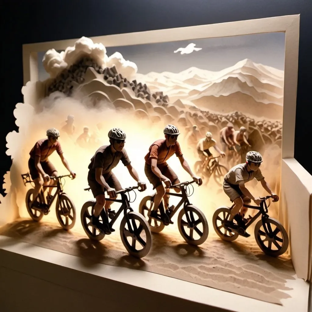 Prompt: dozen gravel bicycle racers with dust clouds