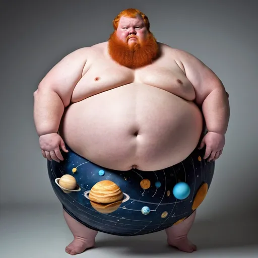 Prompt: create an image of a fat ginger man named caseoh that has become so gluttonous and hunger that he has consumed the entire solar system.