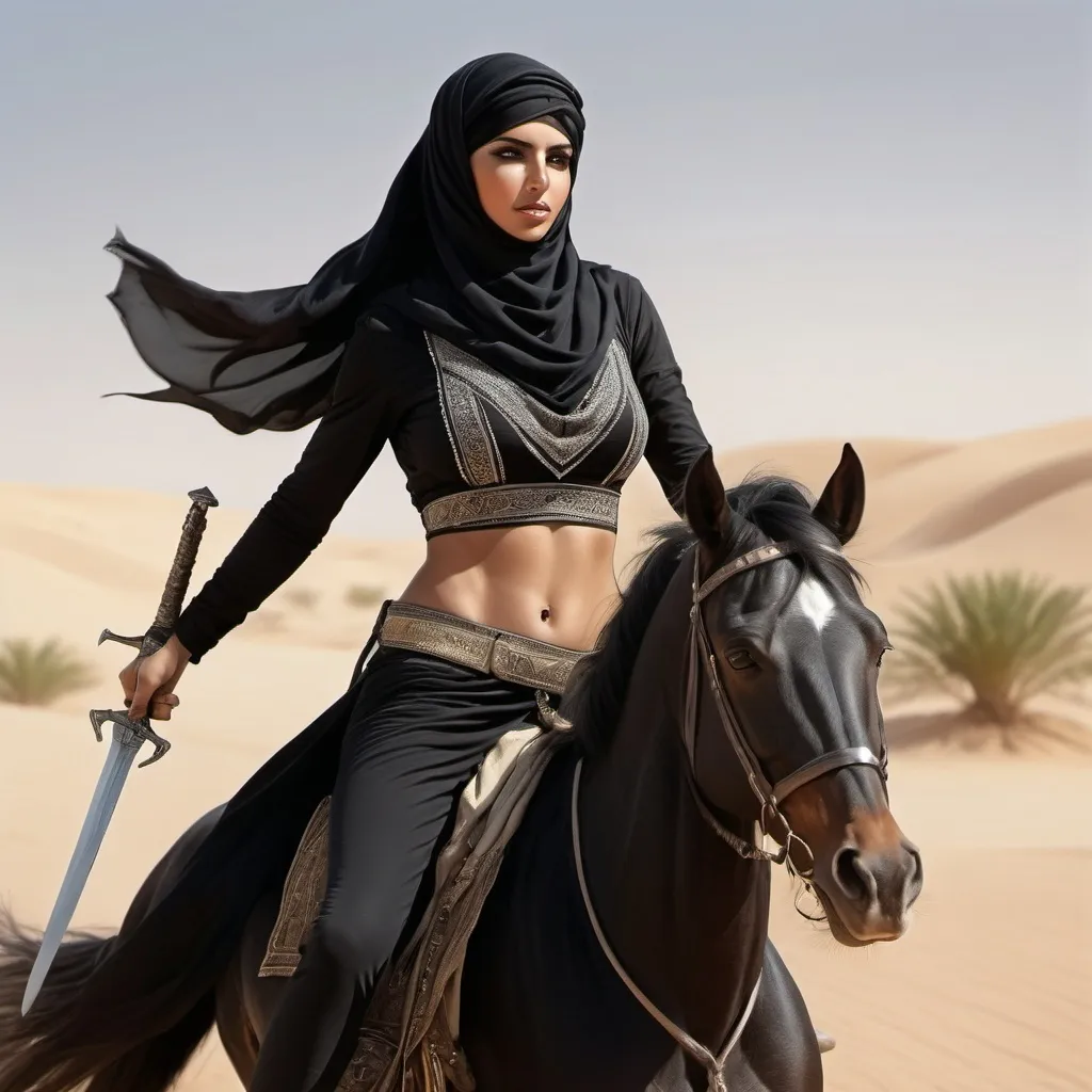 Prompt: fair Arab woman warrior, scantily dressed, Black vail, desert battle scene, Arabian stallion, Palestinian kufiyah, waving war sword, detailed black scant clothing, fierce expression, leading 3 arab warriors, sandy desert landscape, dynamic action, high quality, detailed realism, Arabian, warrior, battle scene, Black Arabian stallion, fierce expression, dynamic action, high quality, detailed realism, digital art, ultra realistic, ultra detailed, ultra wide Lens,