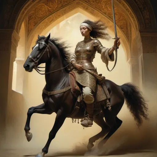 Prompt: style of Rembrandt, depicting an intense scene of people riding horseback, with Alma a Beduin warrior woman, piercing eyes, sensual poses, unclad. Fringe absurdism, complex flowing arabesque shapes, subtle shadows, Persian Safavid Armor, fractal, math, art by [Milo Manara | Ray Caesar | Ross Draws | Andy Kehoe | Hokusai | Alberto Seveso | Wadim Kashin]