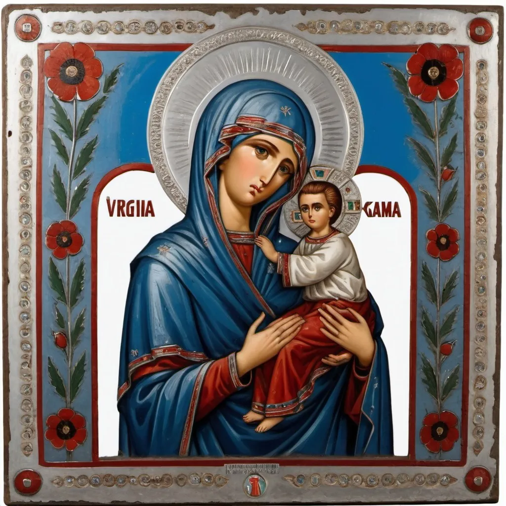 Prompt: Orthodox icon of virgin Mary with silver oklad with cloisonne enamel decoration. Tempera painting on chalk ground and wood. Depiction of Mary Queen of Palestine, standing amonst many children, staring ahead, her arms spread in a welcome sign, Silver oklad in relief with polychrome enamel in cloisonne decoration with stylised red poppy blossoms, "Save Gaza" written on the bottom,  photorealistic, realistic painting, 8K ultra high resolution --ar 7:4"