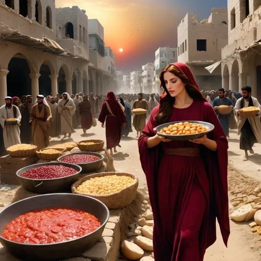 Prompt: In the style of Cornelius Edmund Sullivan's Miracle of the Loaves and Fishes where Jesus Christ and beautiful dark red haired Mary Magdalen are distributing the food to the hungry people of Gaza, the scene is set in the destroyed city of Gaza