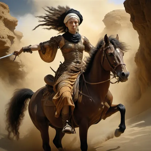 Prompt: style of Rembrandt, depicting an intense battle scene with Alma a beautiful fair Bedouin warrior woman riding her horse, piercing eyes, sensual poses, unclad. Fringe absurdism, complex flowing arabesque shapes, subtle shadows, body armor colors, fractal, math, art by [Milo Manara | Ray Caesar | Ross Draws | Andy Kehoe | Hokusai | Alberto Seveso | Wadim Kashin]