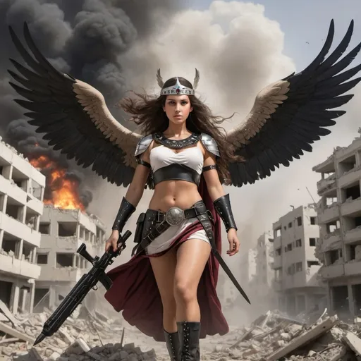 Prompt: The Valkyrie maidens came to Gaza in the time of death and devastation! The flew over the city filled with death and destruction.  