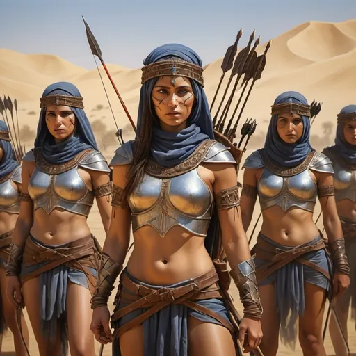 Prompt: Oil painting reminiscent of Leonardo da Vinci, Bedouin warrior women archers in body painted oriental armor, standing in a line releasing arrows towards the enemy, , ultra high resolution 8k, aspect ratio 7:4, capturing war, dust, and turmoil, in a photorealistic style, realistic painting detailed matte painting, deep color, fantastical, intricate detail, splash screen, complementary colors, fanta