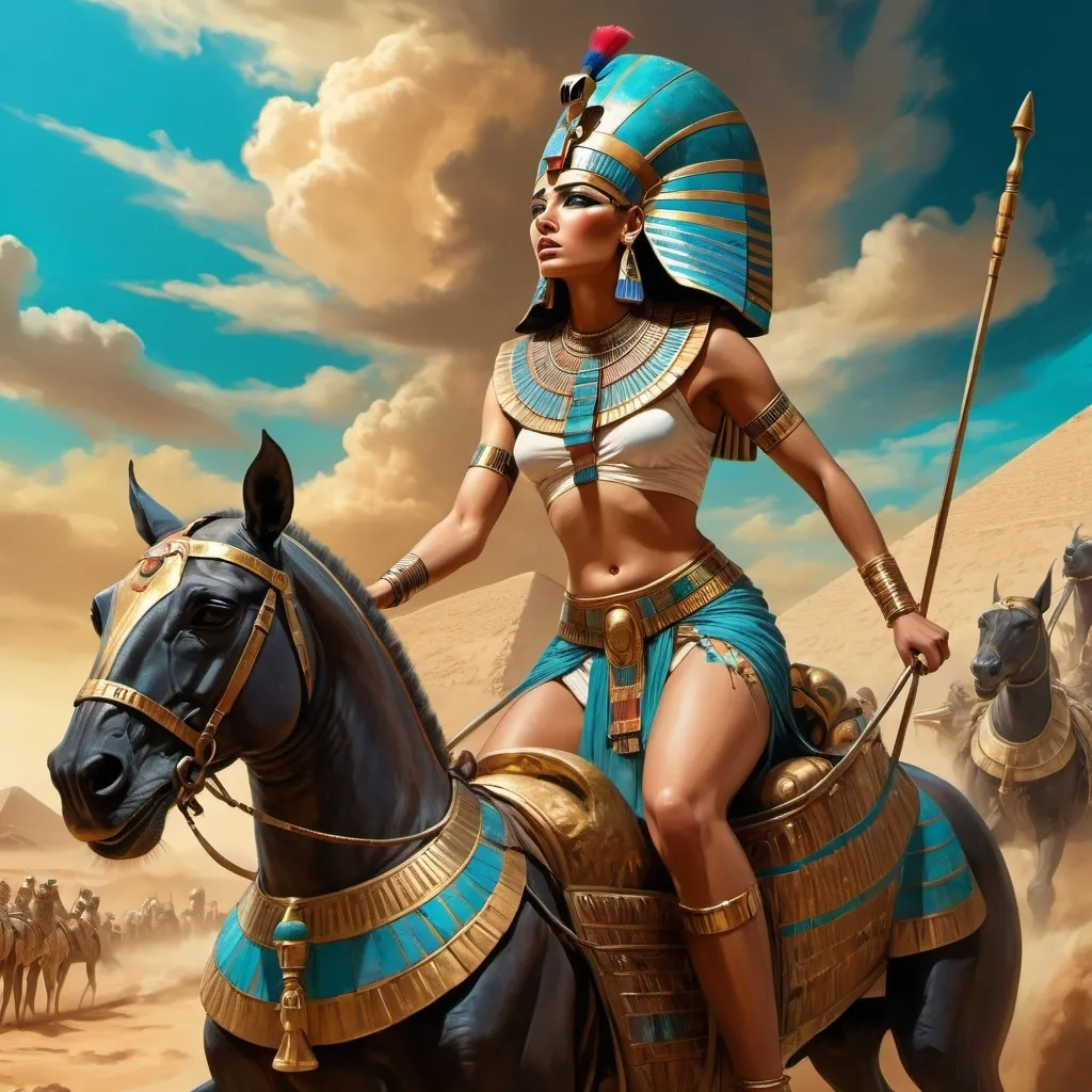 Prompt: Painting from the reign of Pharaoh Tutankhamun in ancient Egypt, Alma an Egyptian queen in Pharaonic Armour stands on her war chariot as she battles against the Syrians