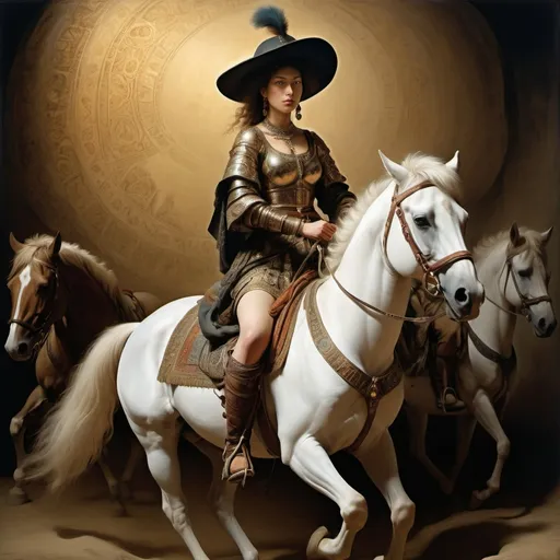 Prompt: style of Rembrandt, depicting an intense scene of people riding horseback, with Alma a Beduin warrior woman, piercing eyes, sensual poses, unclad. Fringe absurdism, complex flowing arabesque shapes, subtle shadows, Persian Safavid Armor, fractal, math, art by [Milo Manara | Ray Caesar | Ross Draws | Andy Kehoe | Hokusai | Alberto Seveso | Wadim Kashin]