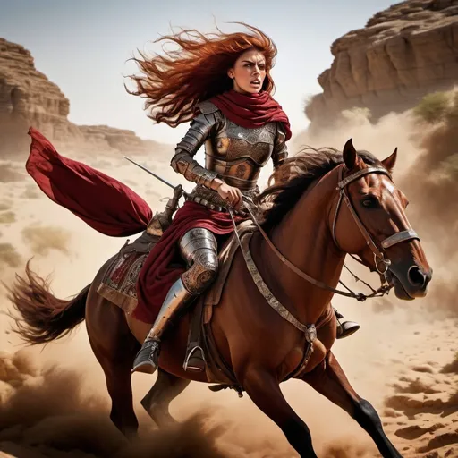 Prompt: In the style of Karl Ludwig Reuling, Reiterschlacht mit Orientalen, with Alma a dark red haired Bedouin warrior woman riding her steed dressed in collage body Arabian armor charging the enemy