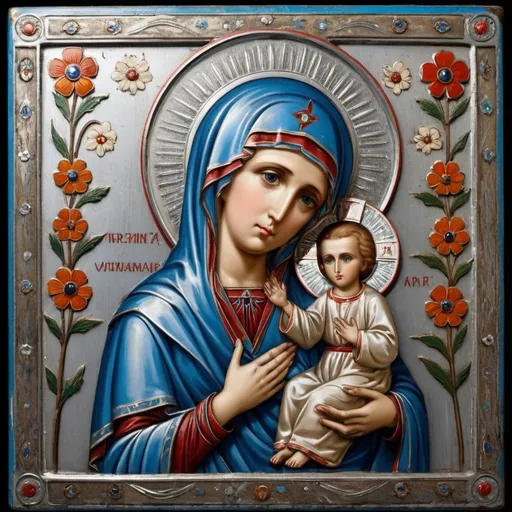 Prompt: Orthodox icon of virgin Mary with silver oklad with cloisonne enamel decoration. Tempera painting on chalk ground and wood. Depiction of virgin Mary staring ahead, raising her palm to the observer, Silver oklad in relief with polychrome enamel in cloisonne decoration with stylised blossoms, "Save Gaza" written on the bottom,  photorealistic, realistic painting, 8K ultra high resolution --ar 7:4"