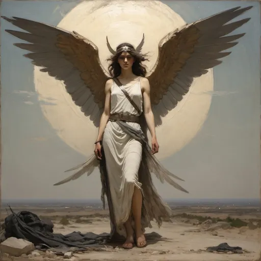 Prompt: in the style of Abbott Handerson Thayer The Valkyrie maiden with her oversized wings came to Gaza in the time of death and devastation, she approached the fallen Arab warrior with compassion 