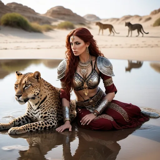 Prompt: Wide angel photo, beach scene, beautiful Bedouin warrior woman with flowing dark red hair, clad in ornate Arab armor,  sitting on the shore with legs soaking in the water, laying besides her is her pet leopard drinking, Hyper realistic, Orientalist style