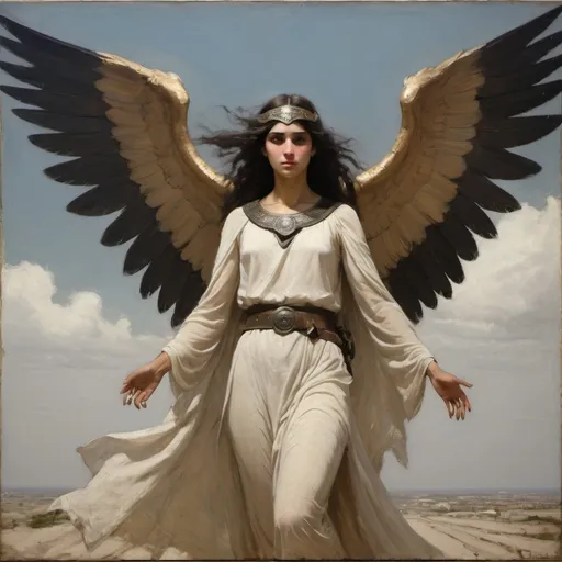 Prompt: in the style of Abbott Handerson Thayer The Valkyrie maiden with her oversized wings came to Gaza in the time of death and devastation, she flies off with the fallen Arab warrior with compassion, 