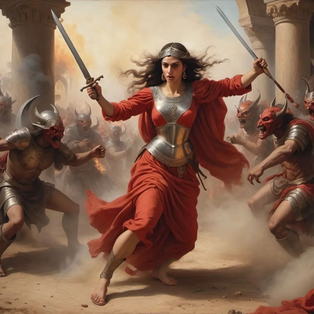 Prompt: Old renaissance painting, old oil painting of beautiful fair Arab warrior woman fighting off demons, red demons, painting, fire, war, dust, destruction and chaos painting, photorealistic, realistic painting, 8K ultra high resolution --ar 7:4"