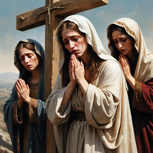 Prompt: at golgotha, The Three Marys, Virgin Mary, Mary Magdalene, Mary of Jacob at the Crucifixion of Jesus,huddled together at the foot of the cross, distressed, sobbing, praying, dressed in traditional palistinian clothing, wearing kafiah, high quality, detailed realism, dynamic action, ultra realistic, Pre Raphaelite style, 