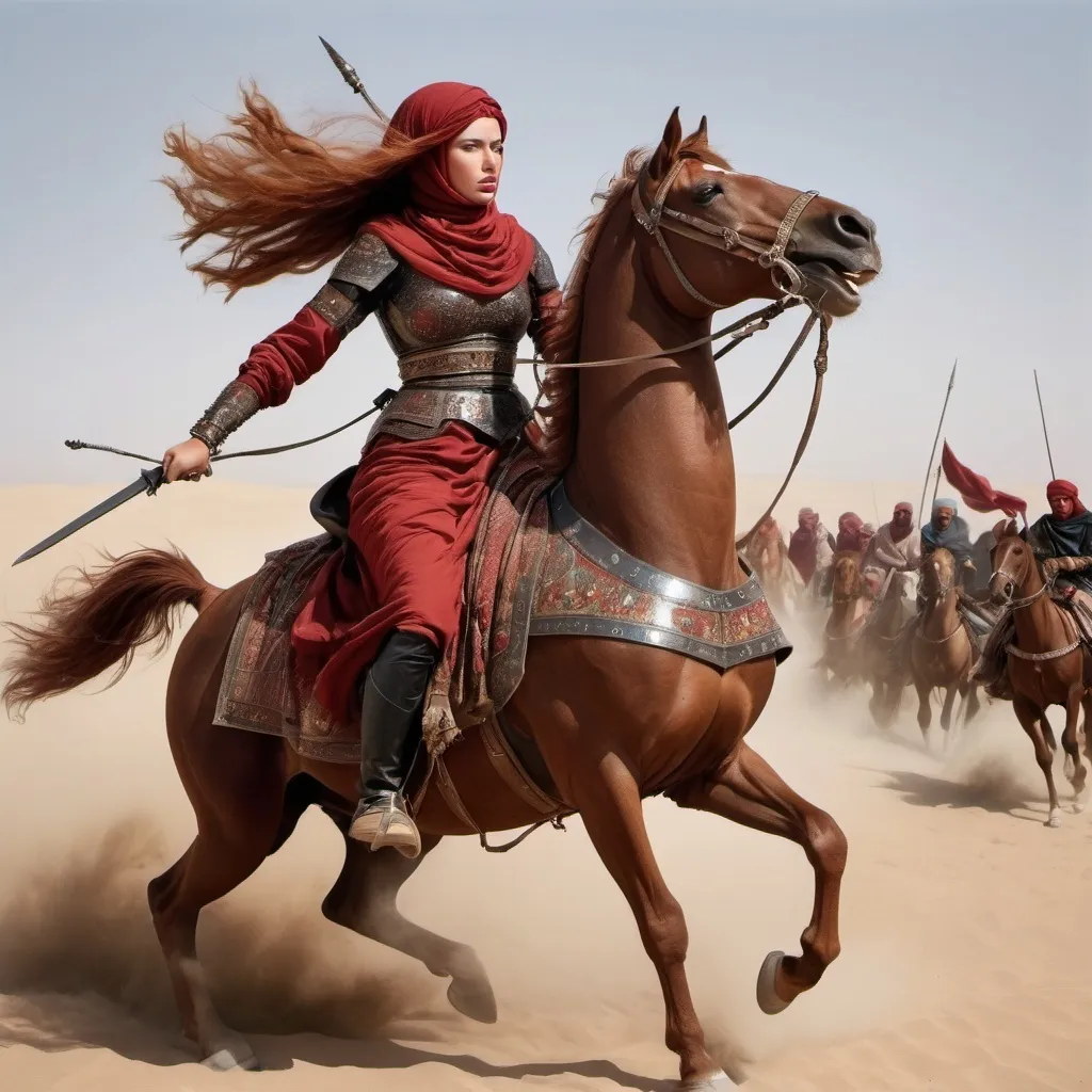 Prompt: In the style of Karl Ludwig Reuling, Reiterschlacht mit Orientalen, with Alma a dark red haired Bedouin warrior woman riding her steed dressed in collage body Arabian armor charging the enemy