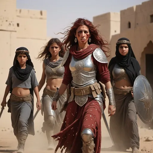 Prompt: Wide angel photo, in an urban battle scene, a Bedouin warrior women with flowing dark red hair, clad in ornate Arab armor, with mud-spattered legs, arms, and midriff, beneath a veneer of battle weariness, stands with her shield and sword protecting a mother and her three children by her side, from approaching attacking Judean soldiers from her left, Hyper realistic, Orientalist style,