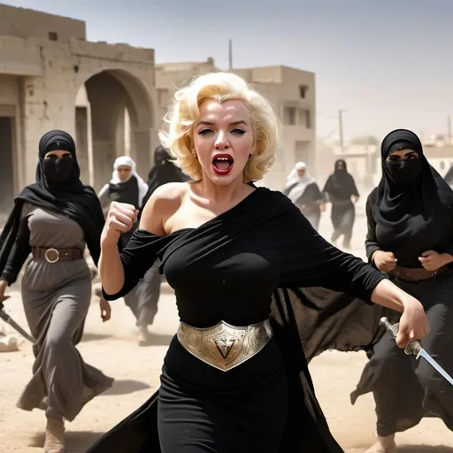 Prompt: Marilyn Monroe as Arab woman defending her family, black torn clothing, urban battle scen, waving war sword, fierce expression, accompanied by 3 women, dynamic action, high quality, detailed realism, digital art, ultra realistic, ultra detailed, ultra wide Lens, dusty air, carrying Palestinian Shield,