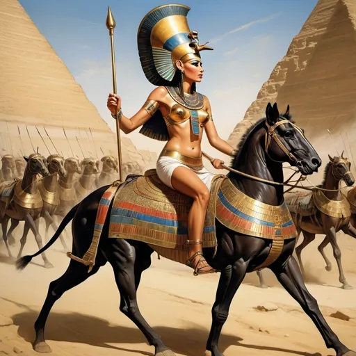 Prompt: Painting from the reign of Pharaoh Tutankhamun in ancient Egypt, Alma an Egyptian queen in Pharaonic Armour stands on her war chariot as she battles against the Syrians